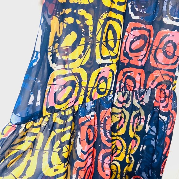 Bijelly Couture Long Maxi Dress-Large-Sheer-Ruffles-High Neck-Geometric-Colorful - Picture 10 of 15